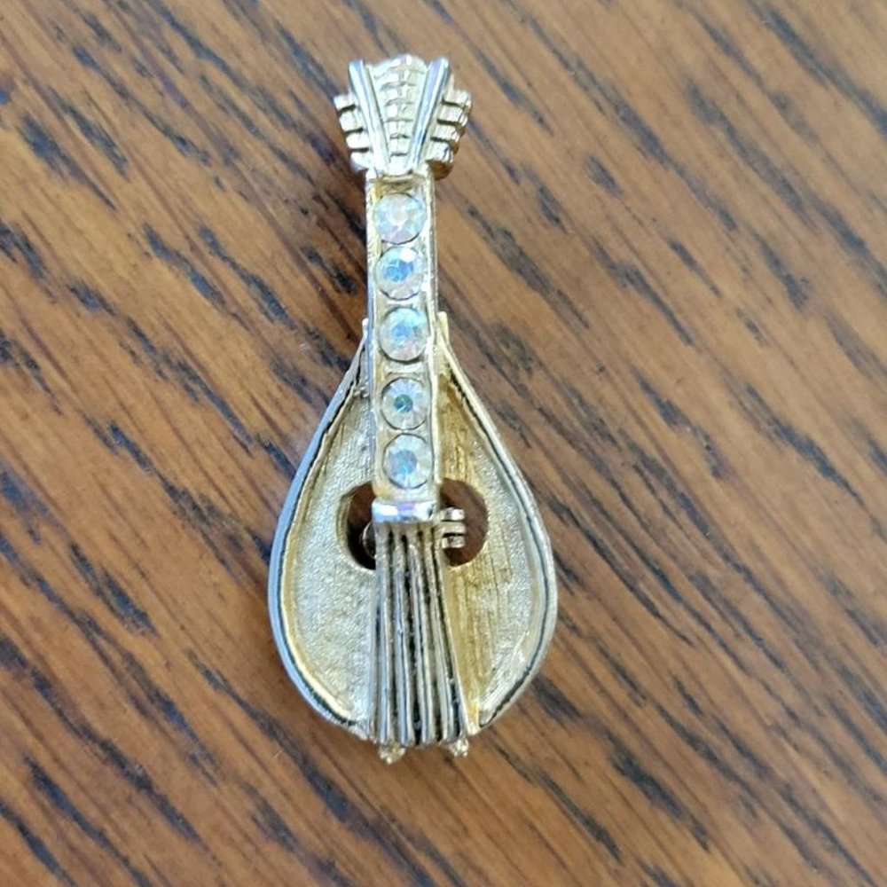Antique Lute Mandolin Stringed Instrument Pin Brooch With Clear Rhinestones